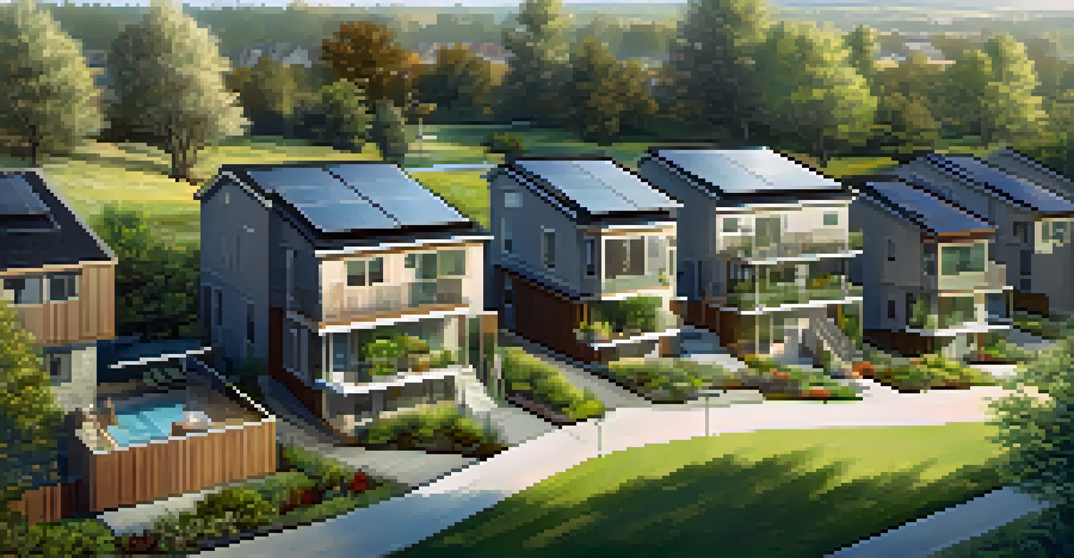 A peaceful neighborhood with homes made from carbon-neutral materials, featuring green roofs and gardens.