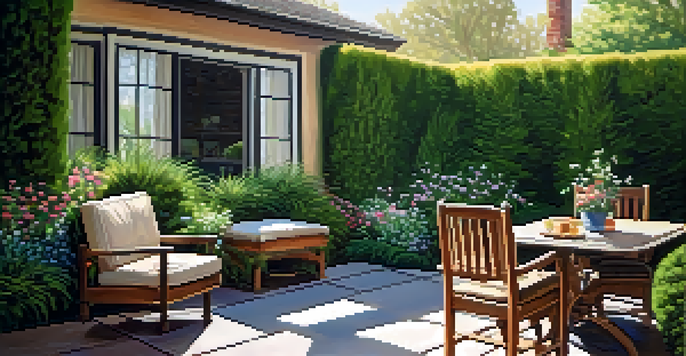A vibrant backyard with a lush greenery screen made of tall shrubs and flowering plants, featuring a cozy patio with a table and chairs under soft sunlight.