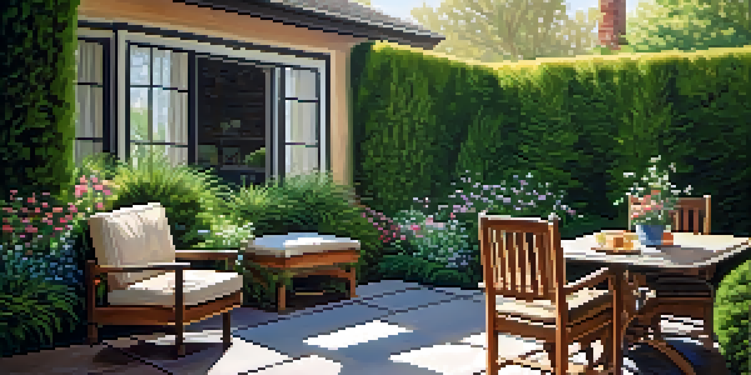 A vibrant backyard with a lush greenery screen made of tall shrubs and flowering plants, featuring a cozy patio with a table and chairs under soft sunlight.