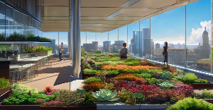 A green roof garden with diverse plants on a modern building, under a sunny sky.