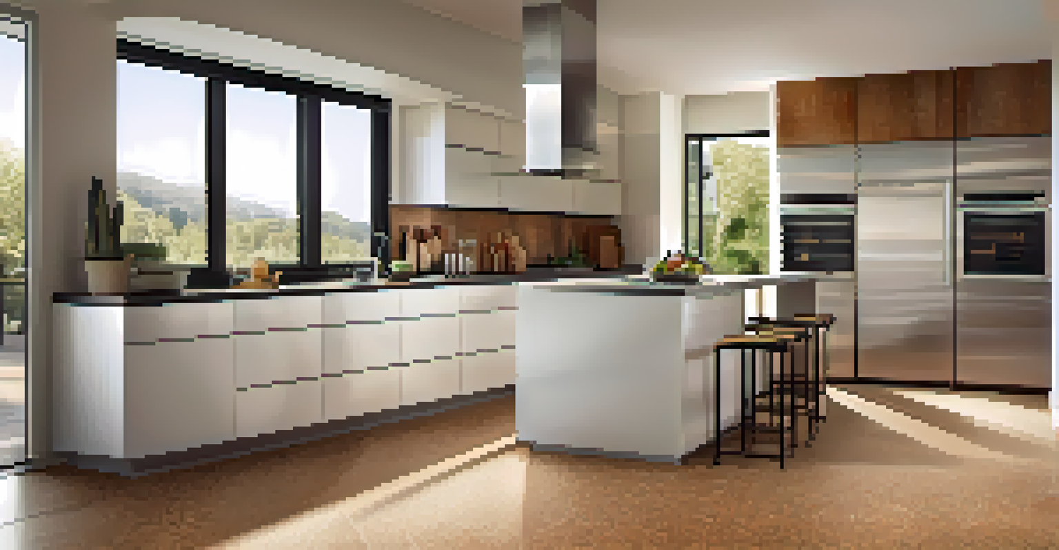A modern kitchen with cork flooring, sunlight, and eco-friendly design elements.