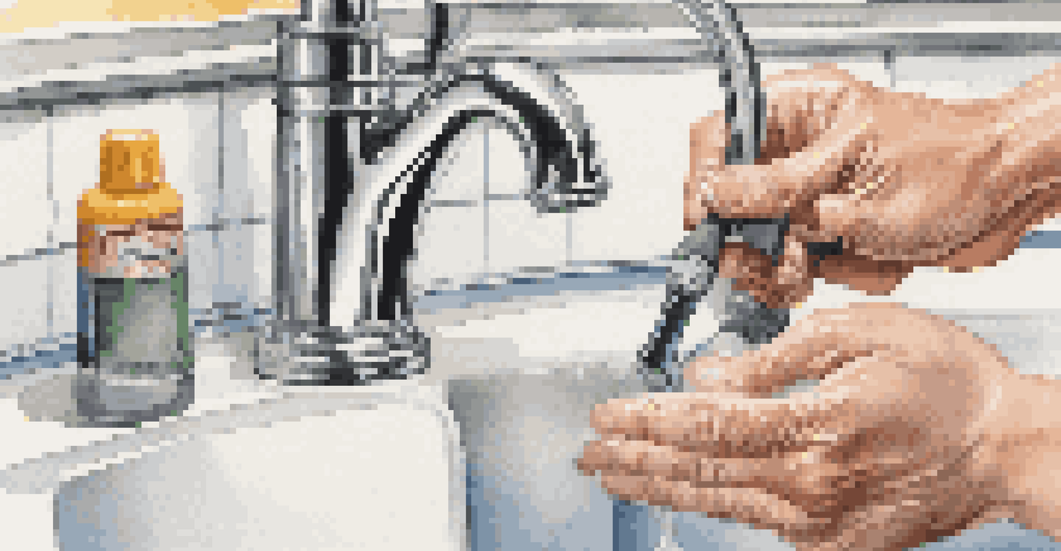 Hands repairing a leaky faucet with tools on a kitchen countertop.