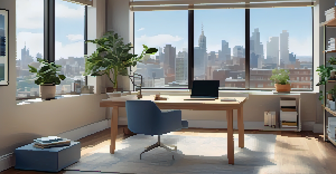 A modern office space with a desk, laptop, books, and a plant, bathed in natural light with a city skyline view.