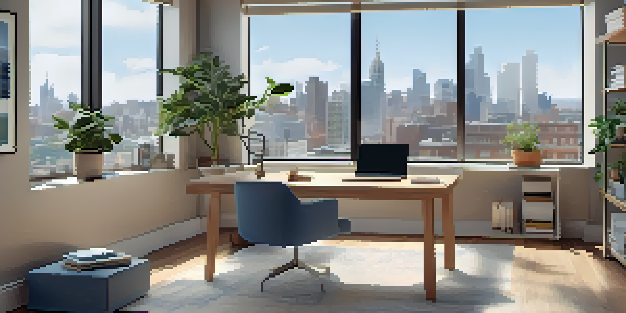 A modern office space with a desk, laptop, books, and a plant, bathed in natural light with a city skyline view.