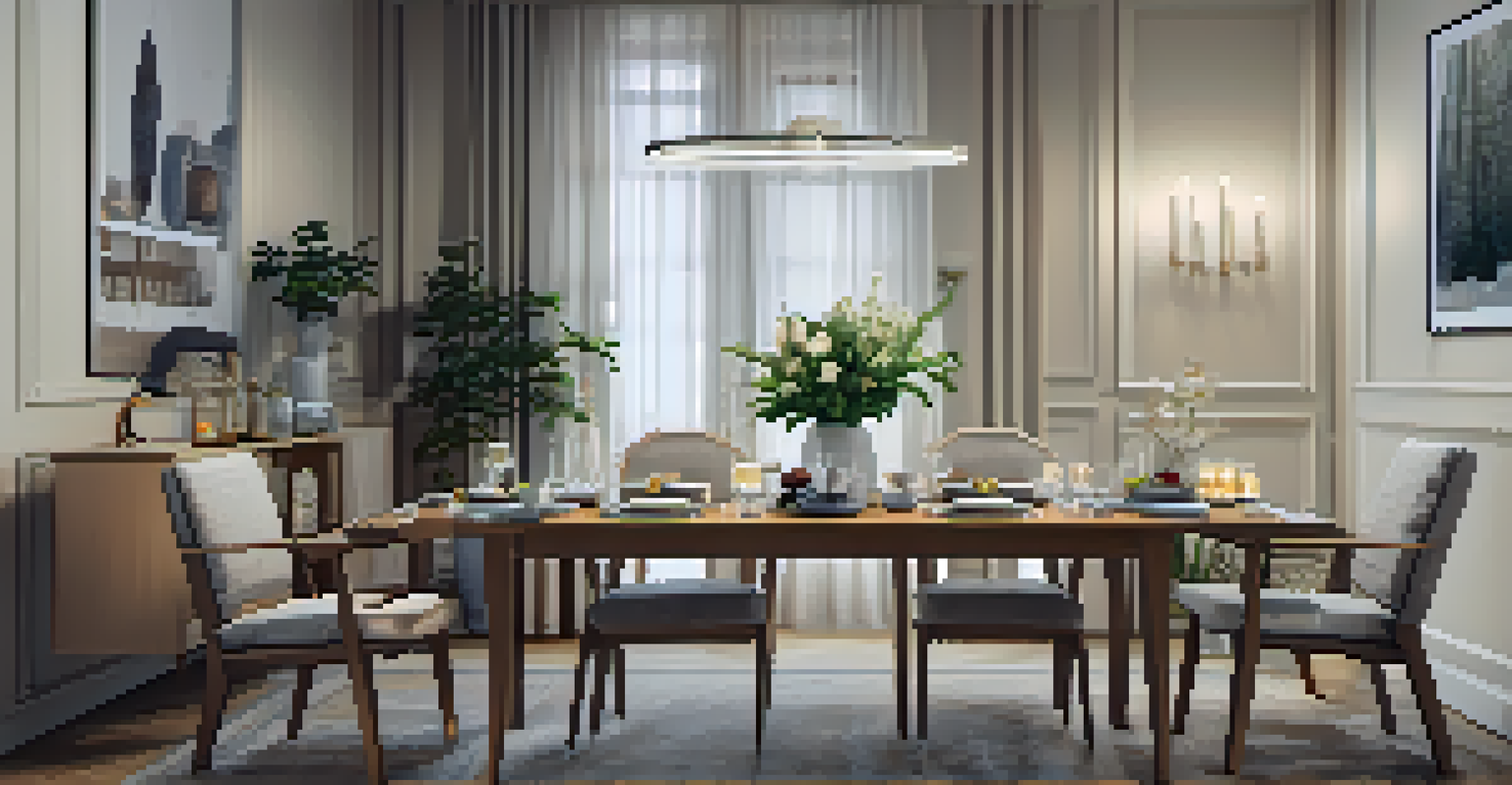An inviting dining area with a foldable table set for a meal and a wall-mounted shelf displaying decorations.