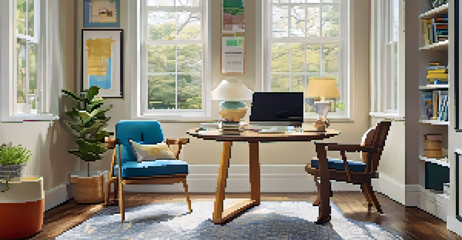 A cozy corner of a living room with a round table for brainstorming, surrounded by comfortable chairs and bright decor, illuminated by natural light from a large window.