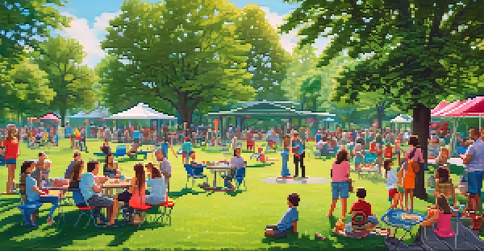 A lively park scene depicting families engaging in various activities like frisbee and picnicking under sunny skies.