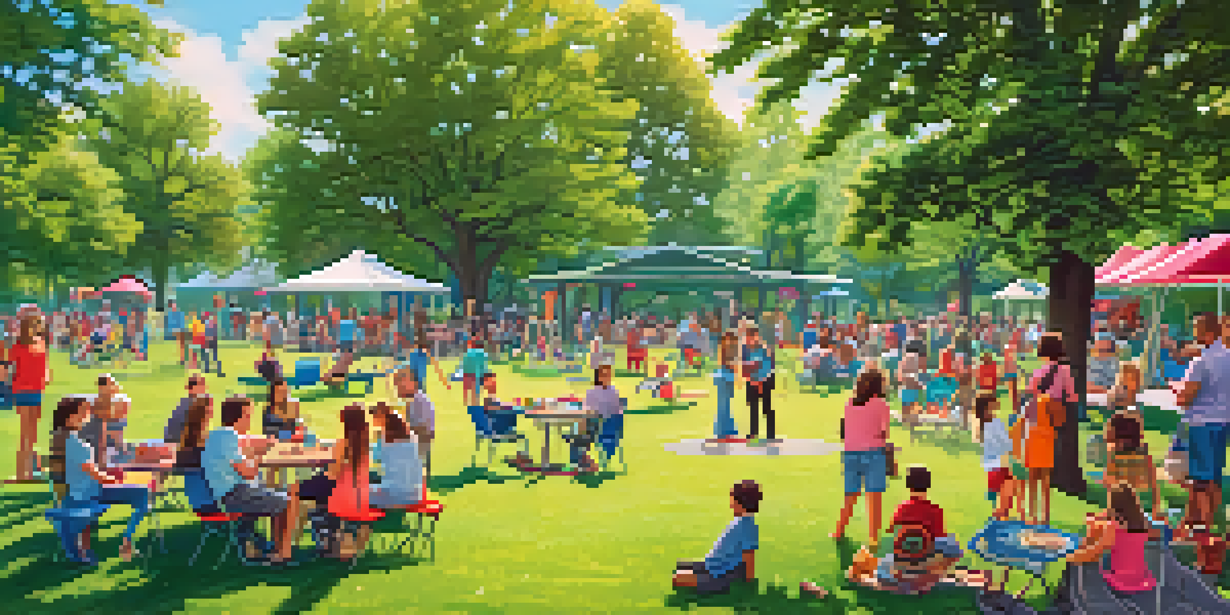 A lively park scene depicting families engaging in various activities like frisbee and picnicking under sunny skies.