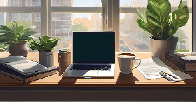 An office desk with a laptop and real estate contracts, illuminated by natural light from a window.