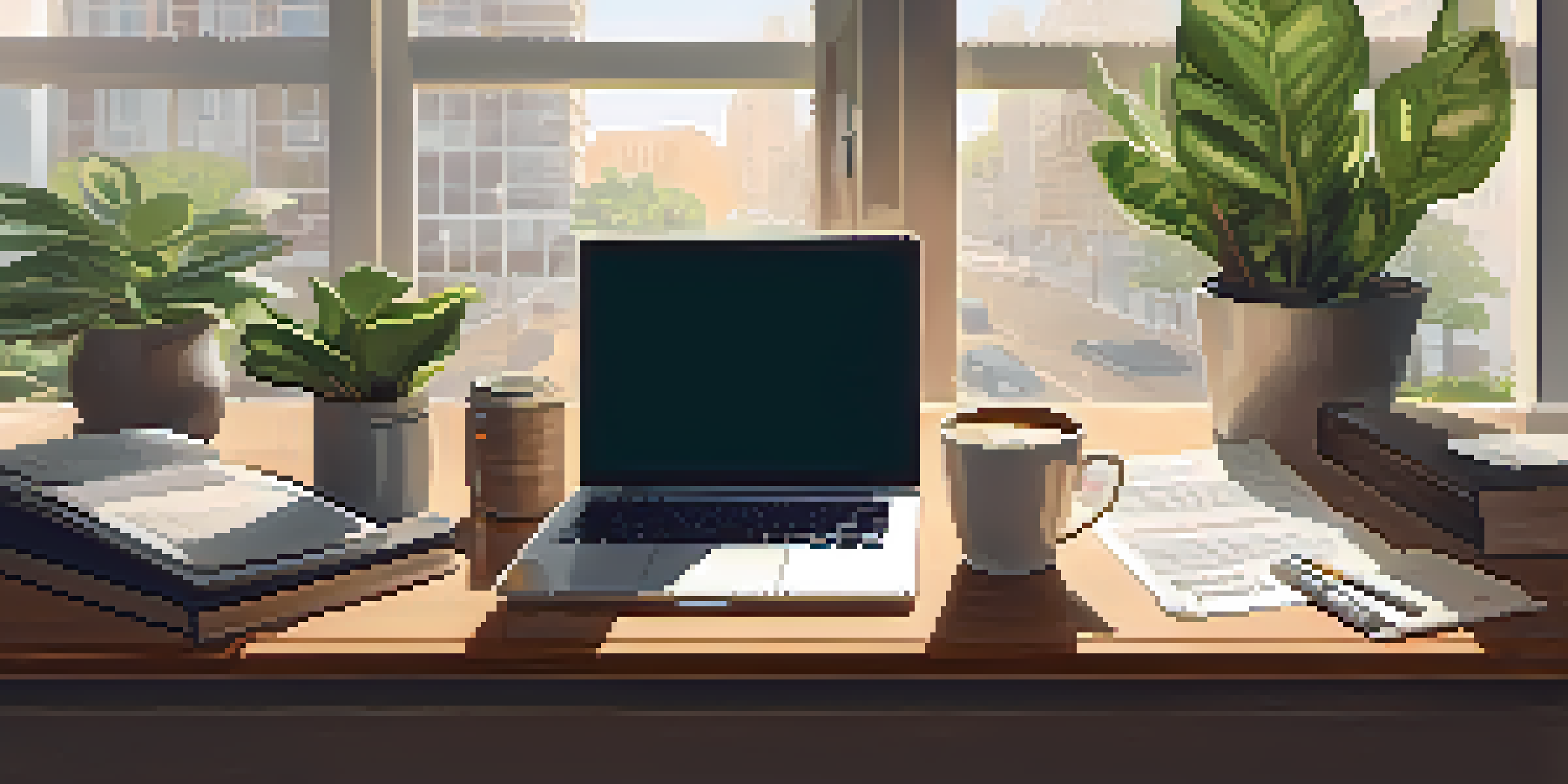 An office desk with a laptop and real estate contracts, illuminated by natural light from a window.