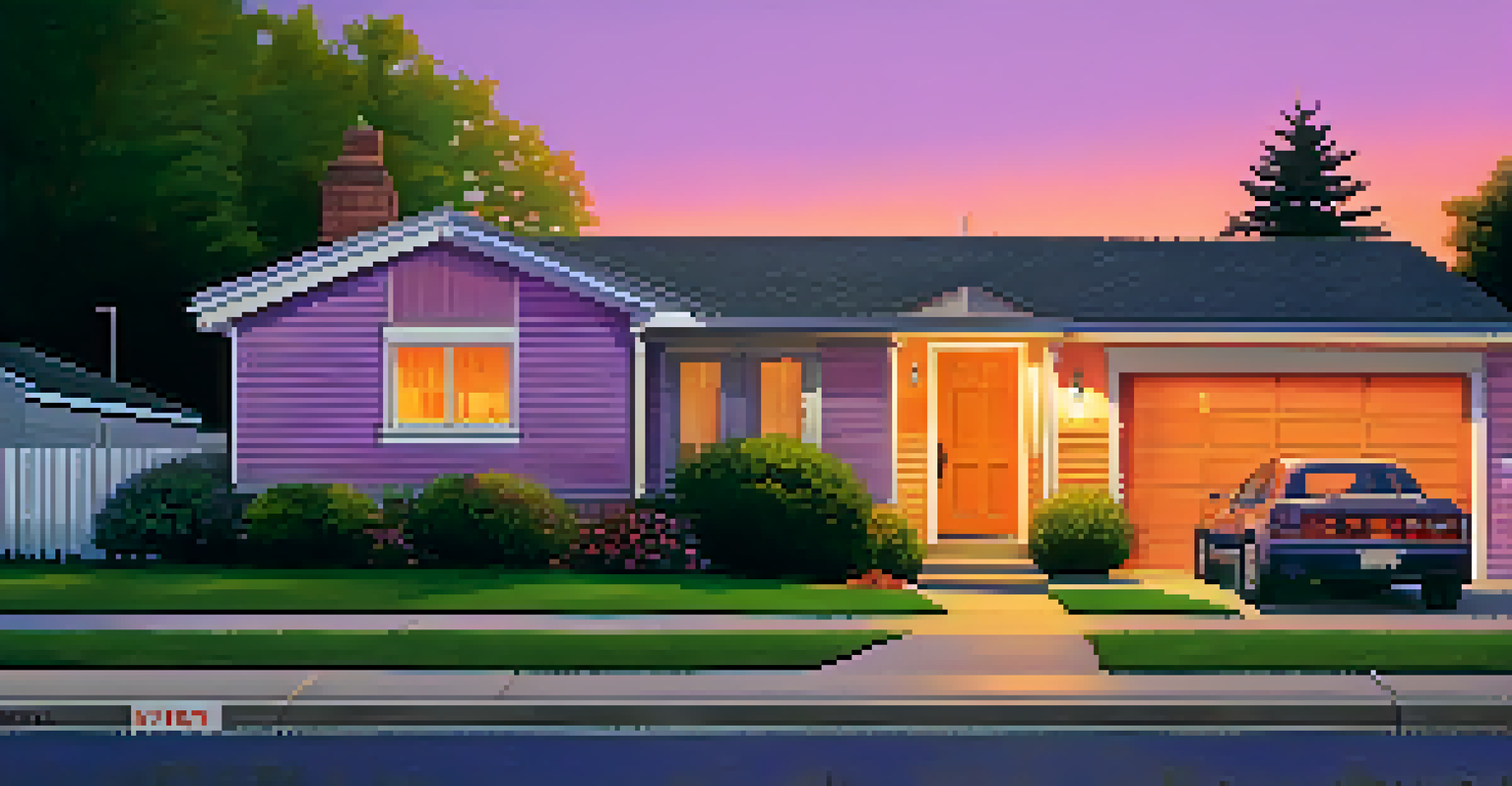 A suburban home at dusk with visible security cameras and a protective sign, set against a colorful sunset sky.