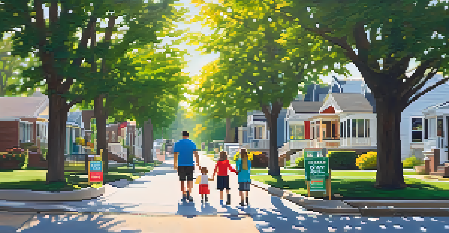 A vibrant neighborhood with houses for sale, featuring colorful signs and families enjoying the sunny day amidst blooming trees.