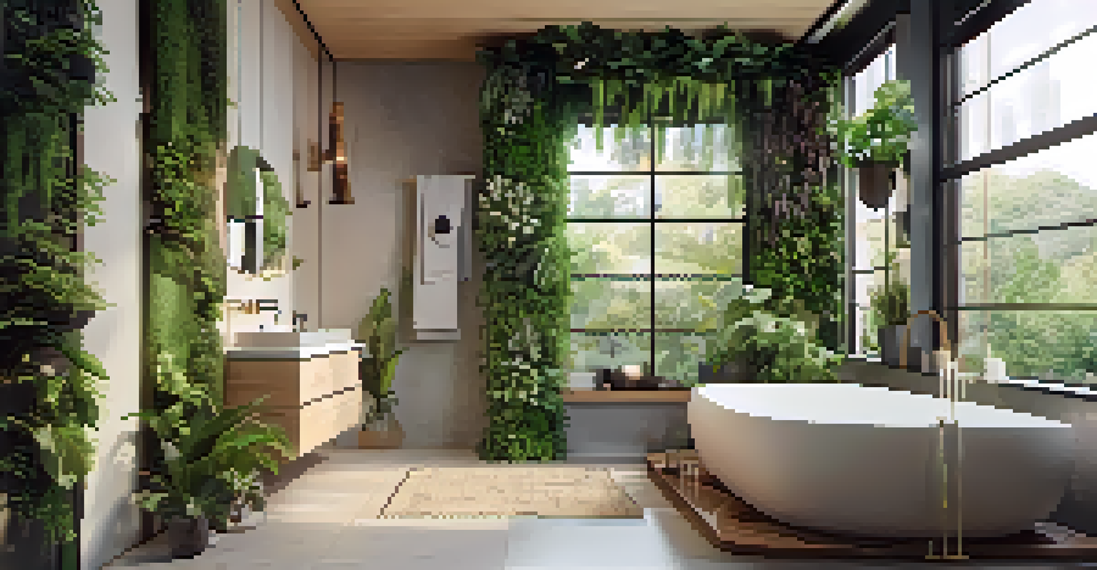 A modern bathroom with biophilic design, featuring greenery, bright light, earthy materials, and smart fixtures.