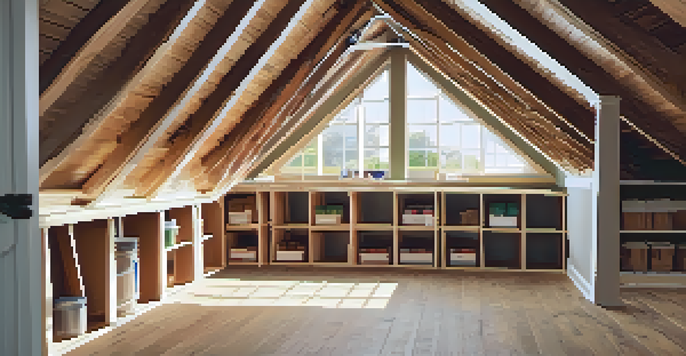 A clean and organized attic with neatly stacked boxes and bright lighting, showcasing proper insulation and a sturdy ladder.