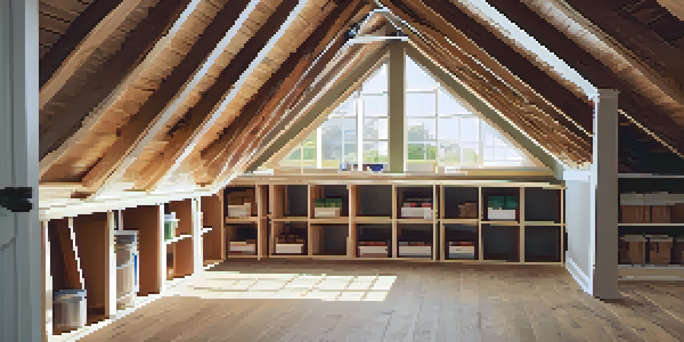 A clean and organized attic with neatly stacked boxes and bright lighting, showcasing proper insulation and a sturdy ladder.
