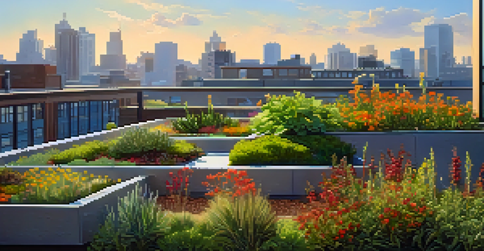 A green roof garden on a modern building with various native plants, bright flowers, and birds, under a sunny sky.