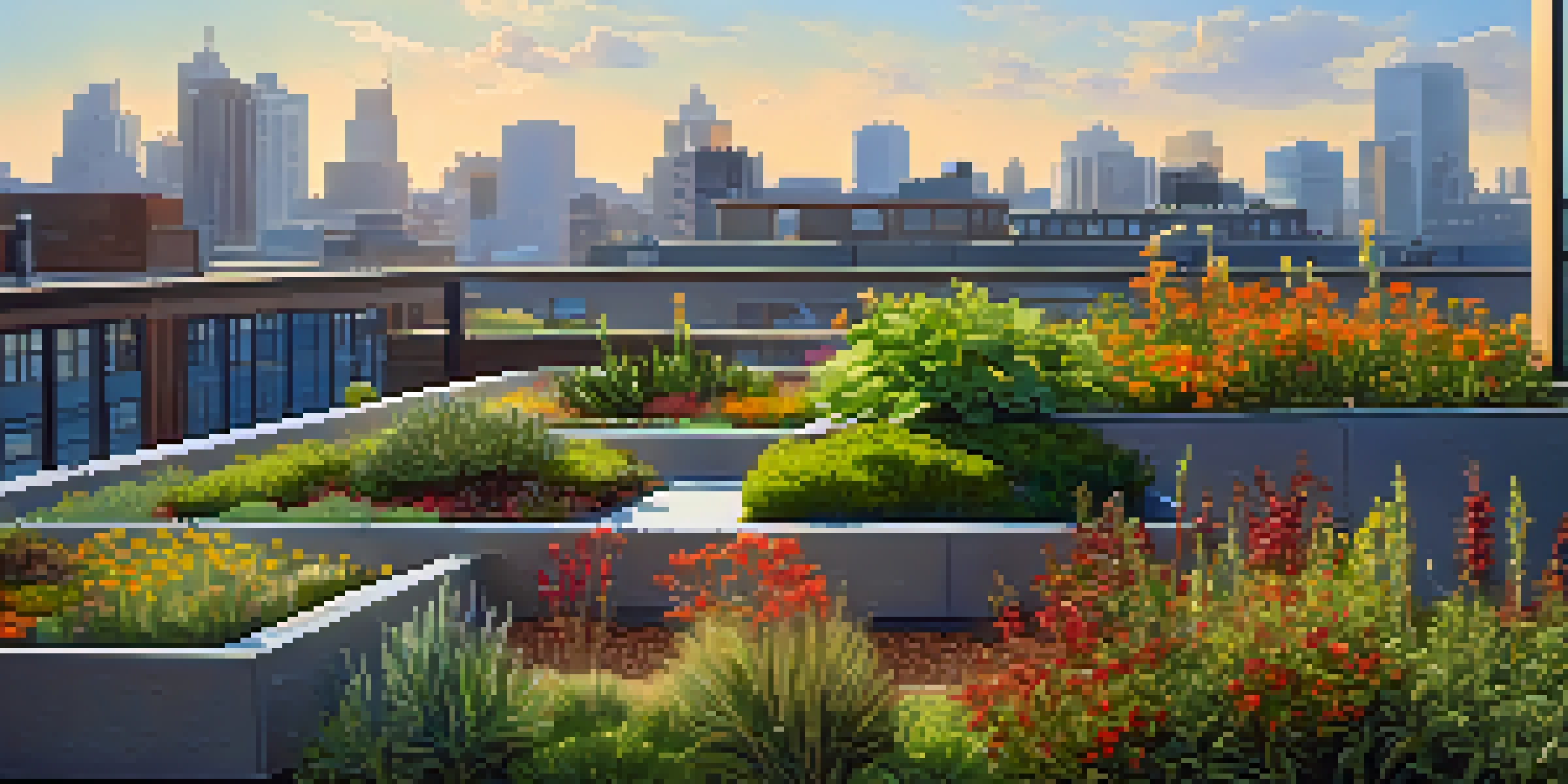 A green roof garden on a modern building with various native plants, bright flowers, and birds, under a sunny sky.