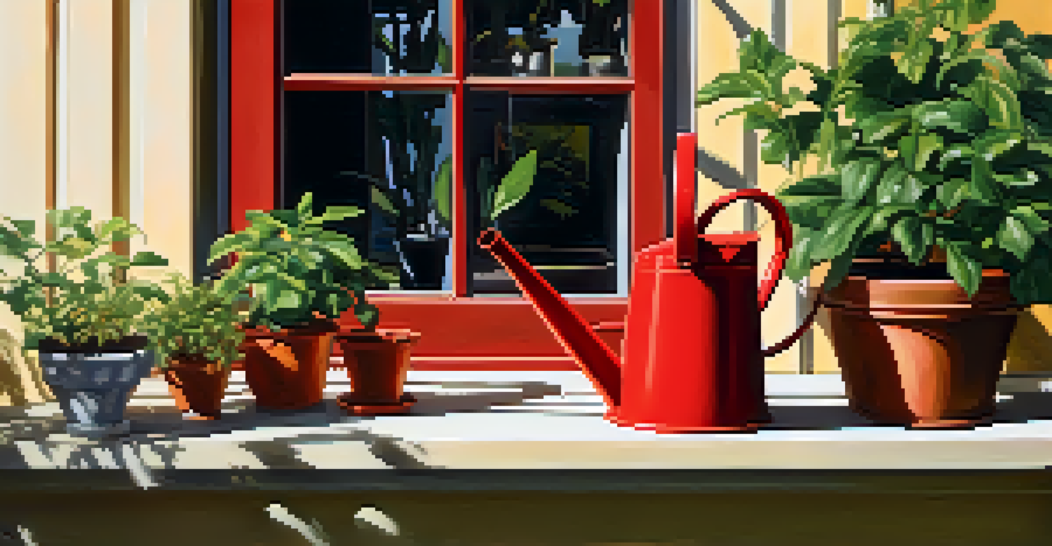 A bright red watering can next to potted plants on a sunny patio, with shadows from the sunlight.