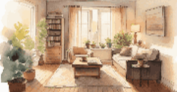 A cozy living room with warm lighting and neutral colors, featuring a comfortable sofa and a small potted plant by the window.