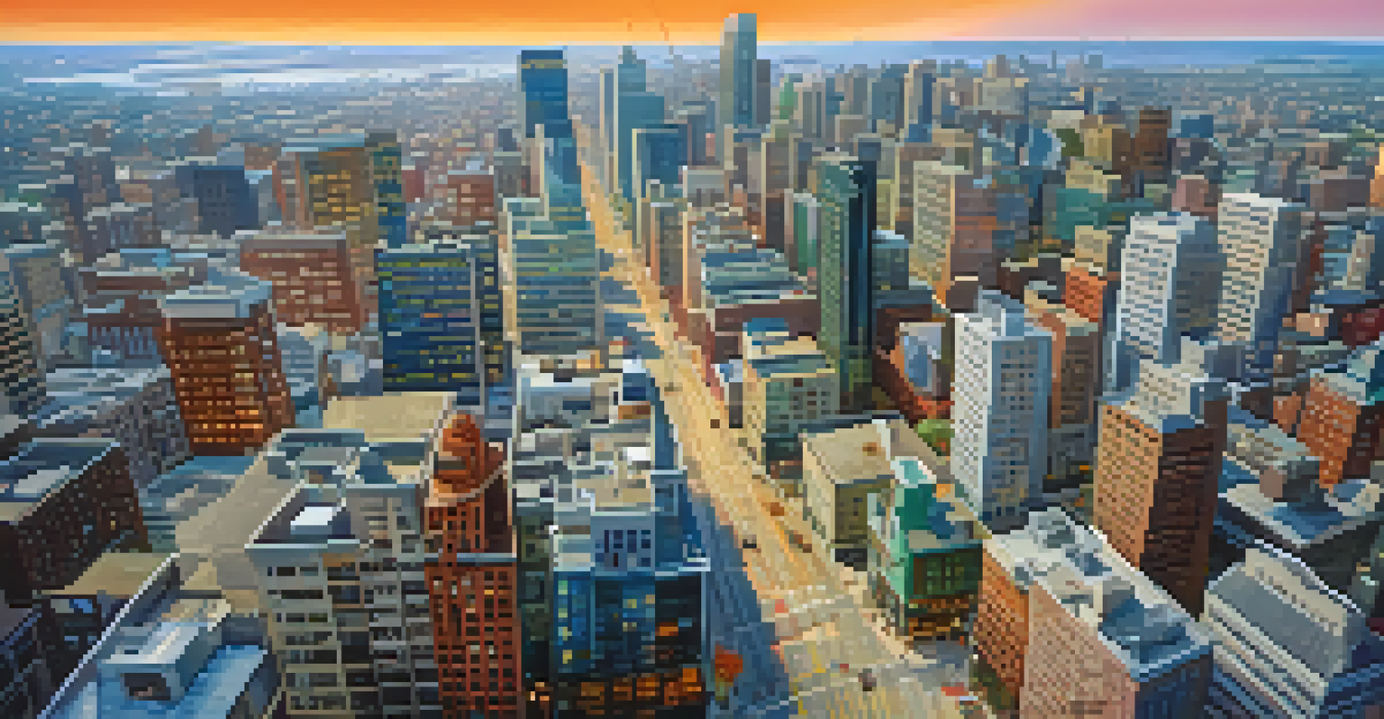 An aerial view of a lively city showcasing a variety of residential and commercial buildings, representing the dynamics of property taxes and real estate demand.