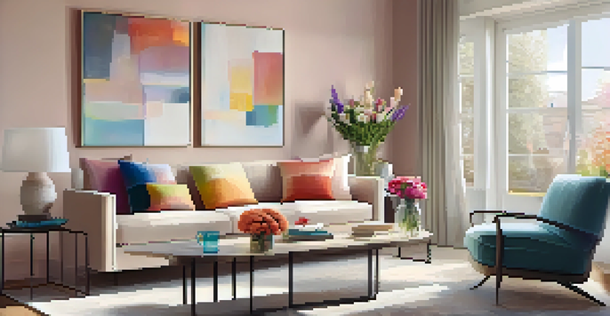 A bright and cozy modern living room with a sofa, coffee table, and colorful decor.