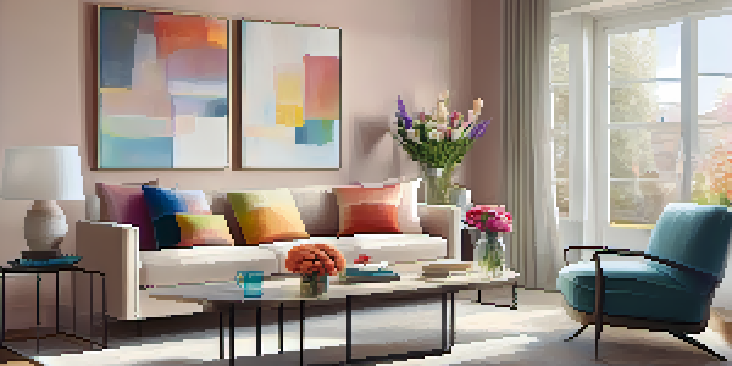 A bright and cozy modern living room with a sofa, coffee table, and colorful decor.
