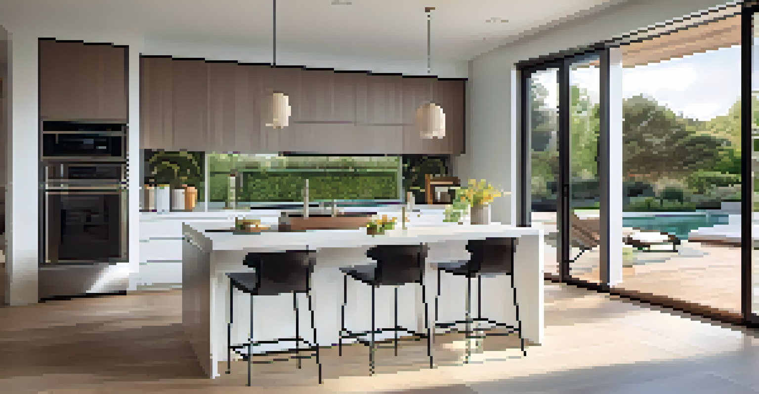A contemporary kitchen with stainless steel appliances, a spacious island, and plenty of natural light.