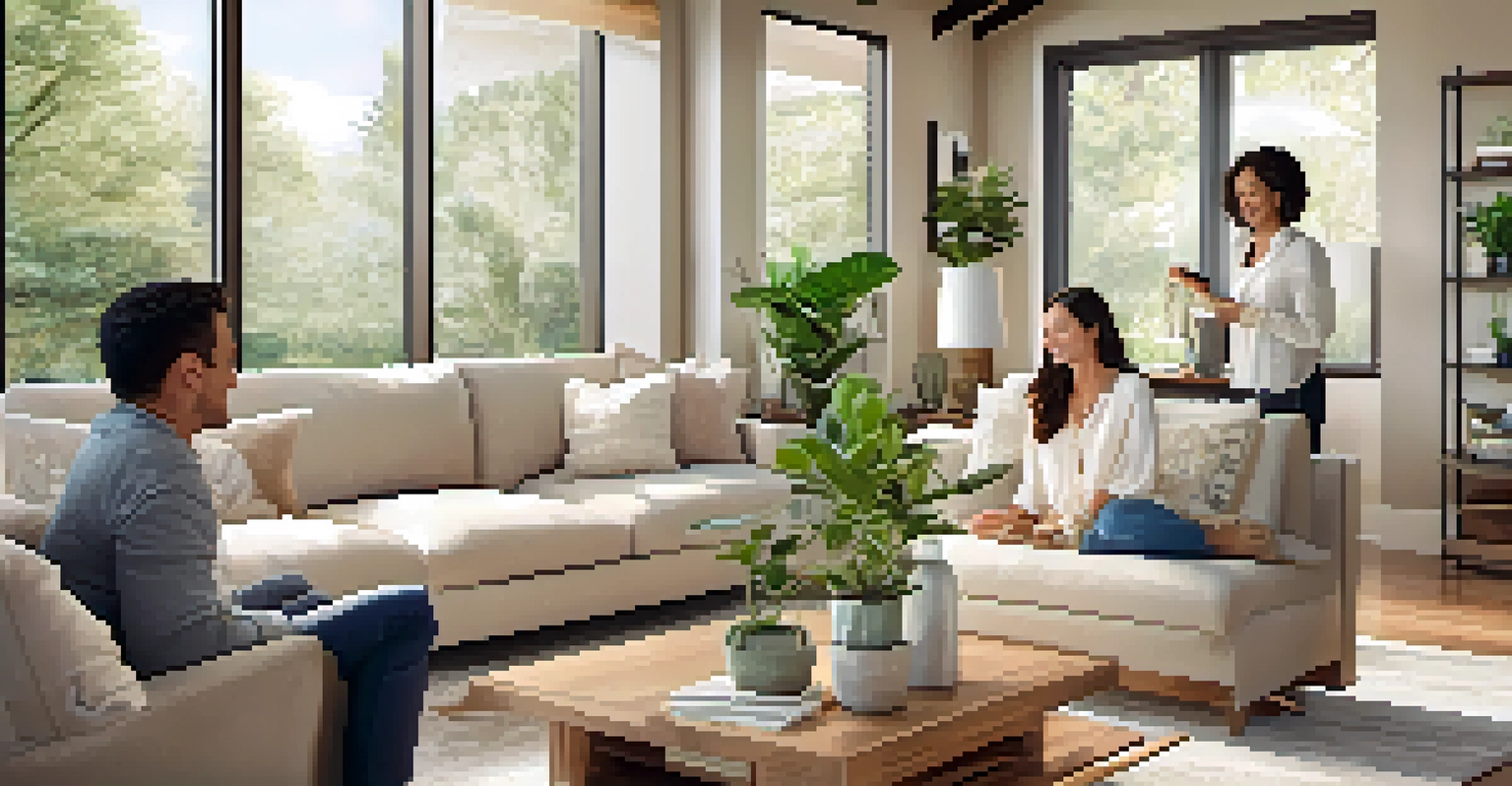 A real estate agent showing a family a staged living room filled with natural light and eco-friendly decor.