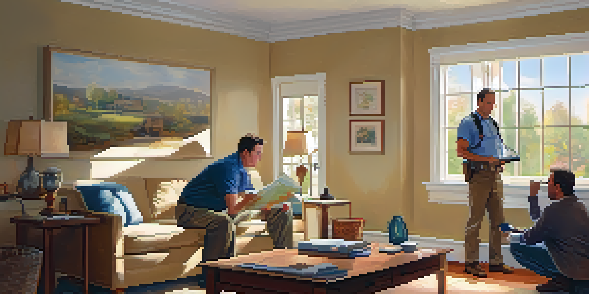 A professional home inspector examining a living room ceiling while a couple watches, with sunlight streaming through a window.