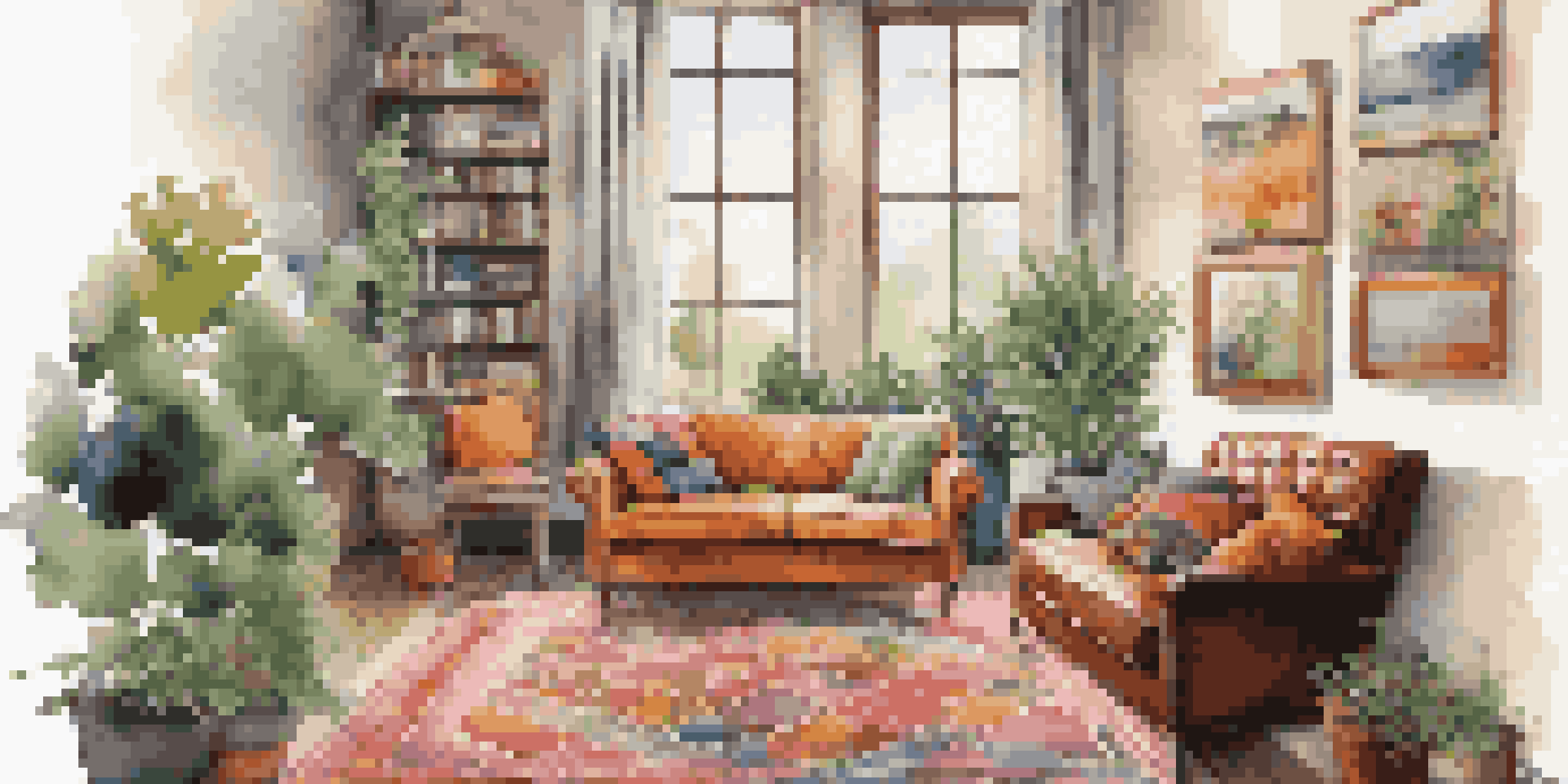 A cozy living room with eclectic decor, showcasing a vintage armchair, modern artwork, colorful cushions on a leather sofa, and plants, illuminated by warm natural light.