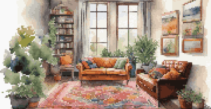 A cozy living room with eclectic decor, showcasing a vintage armchair, modern artwork, colorful cushions on a leather sofa, and plants, illuminated by warm natural light.