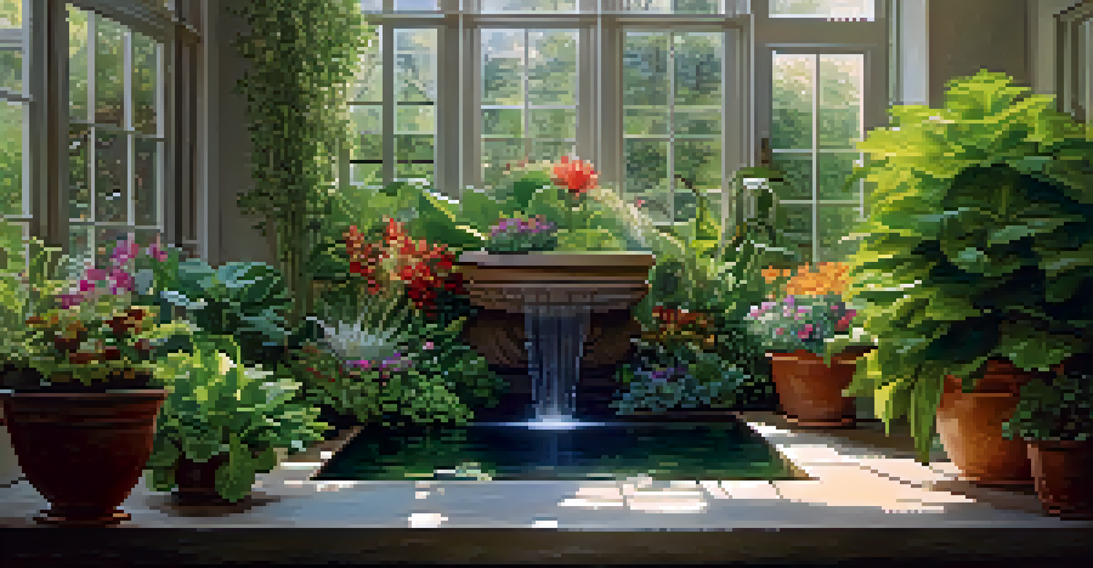 An indoor garden filled with various plants and flowers around a small fountain, illuminated by soft natural light.
