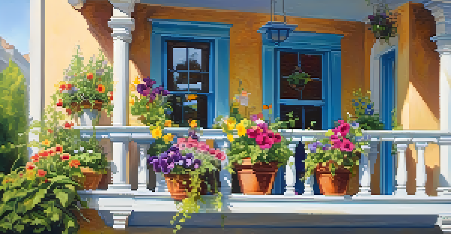 A vibrant spring balcony filled with colorful flowers, greenery, and a floral wreath, illuminated by sunlight.