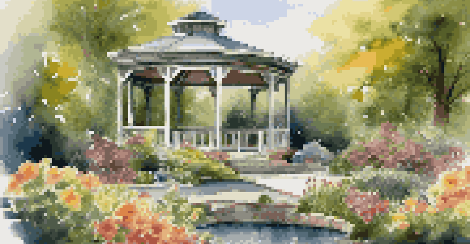 A tranquil garden gazebo surrounded by flowers and a pond, equipped with cushions for relaxation and sunlight filtering through trees.