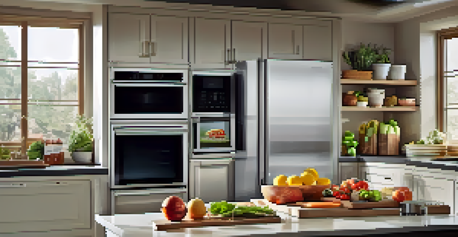 A bright kitchen with a smart refrigerator and oven, displaying groceries and a recipe on a tablet.