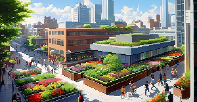 A modern building with a green roof covered in plants and flowers, set against a bright blue sky and a busy city street below.