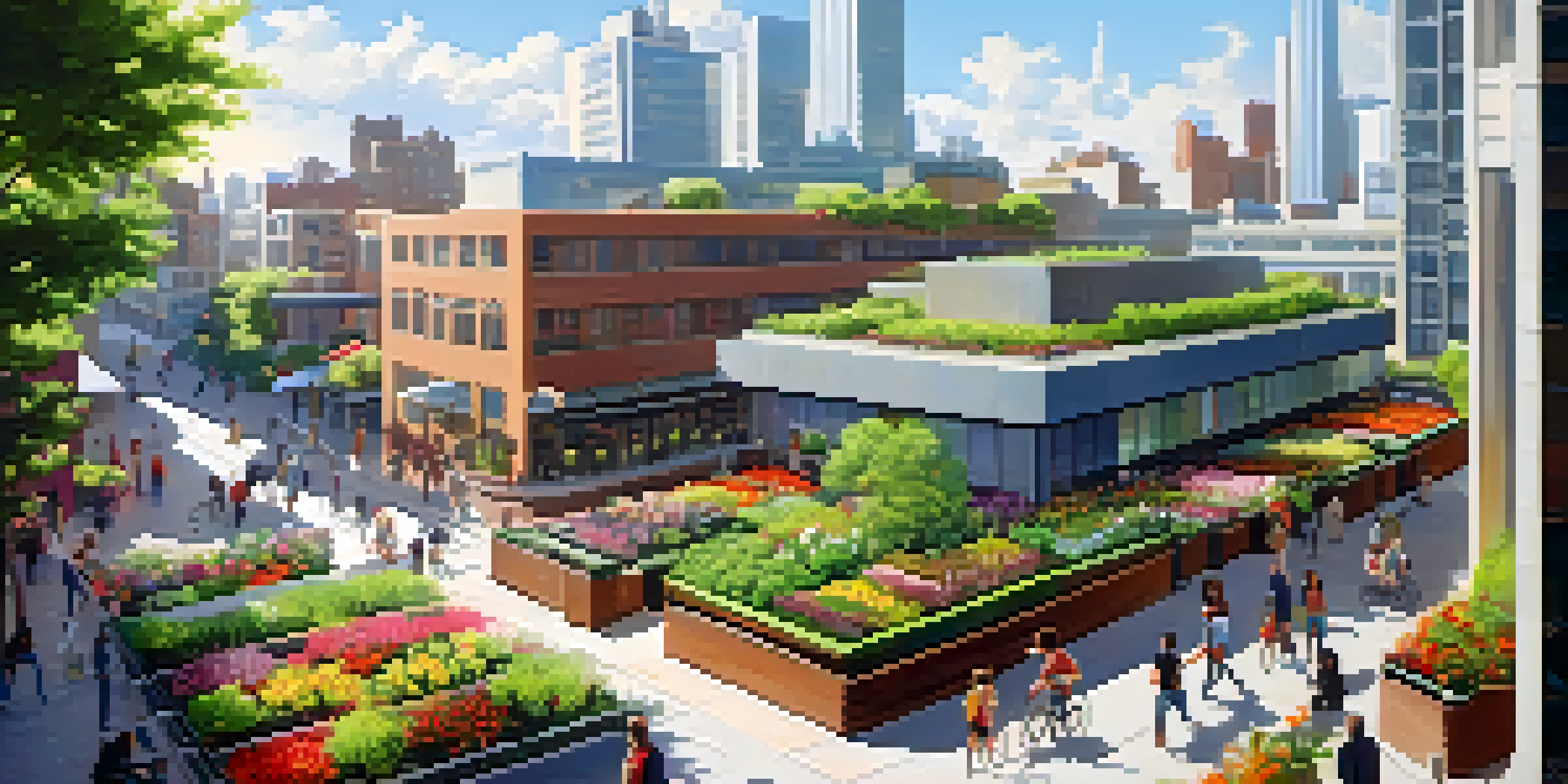 A modern building with a green roof covered in plants and flowers, set against a bright blue sky and a busy city street below.