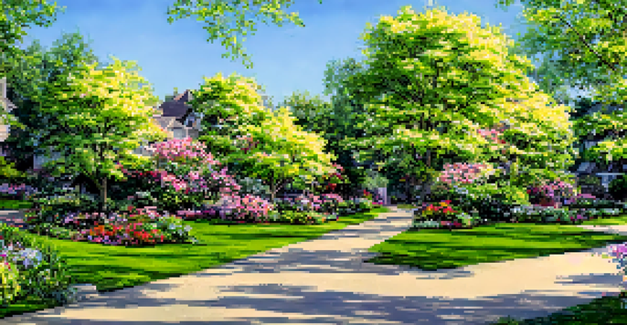 A sunny suburban street in spring with blooming flowers and charming houses.