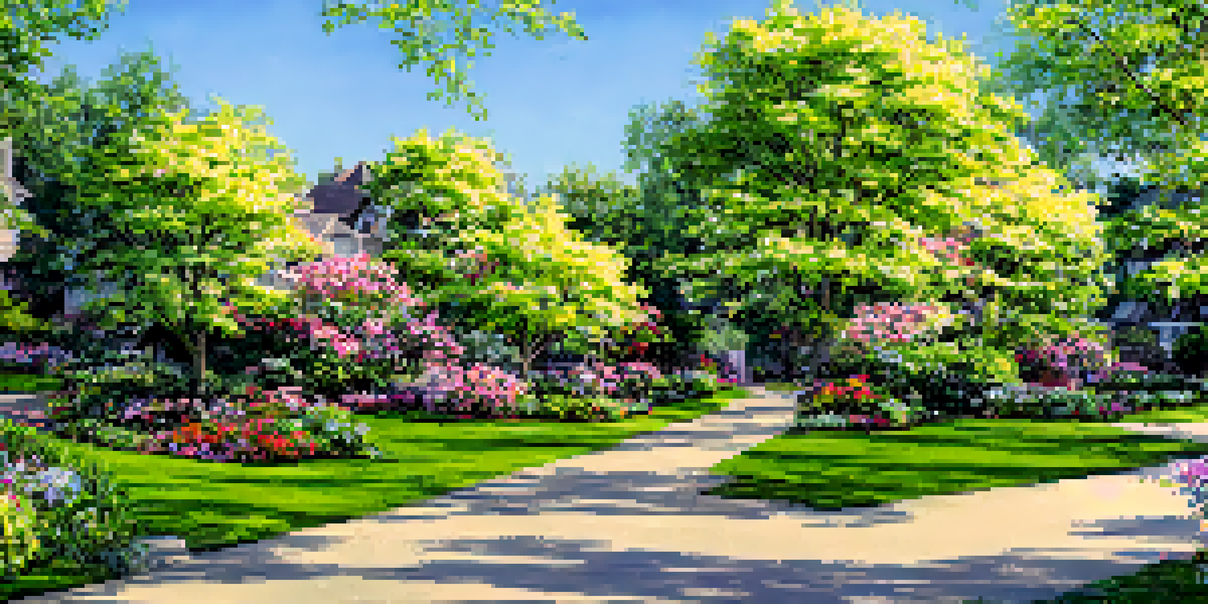 A sunny suburban street in spring with blooming flowers and charming houses.