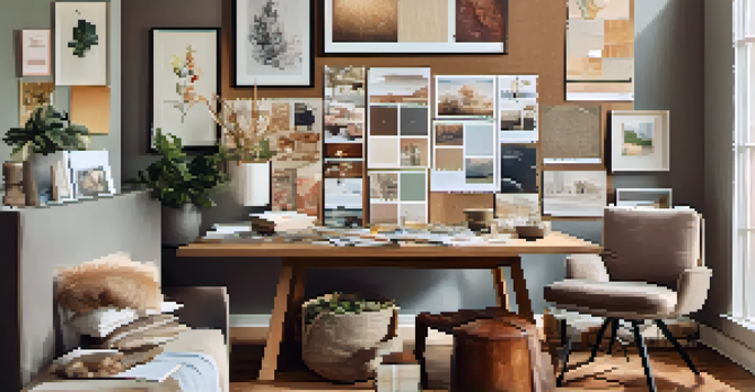 A vision board laid out on a wooden table, showcasing various home design inspirations with color swatches and fabric textures, illuminated by natural light.