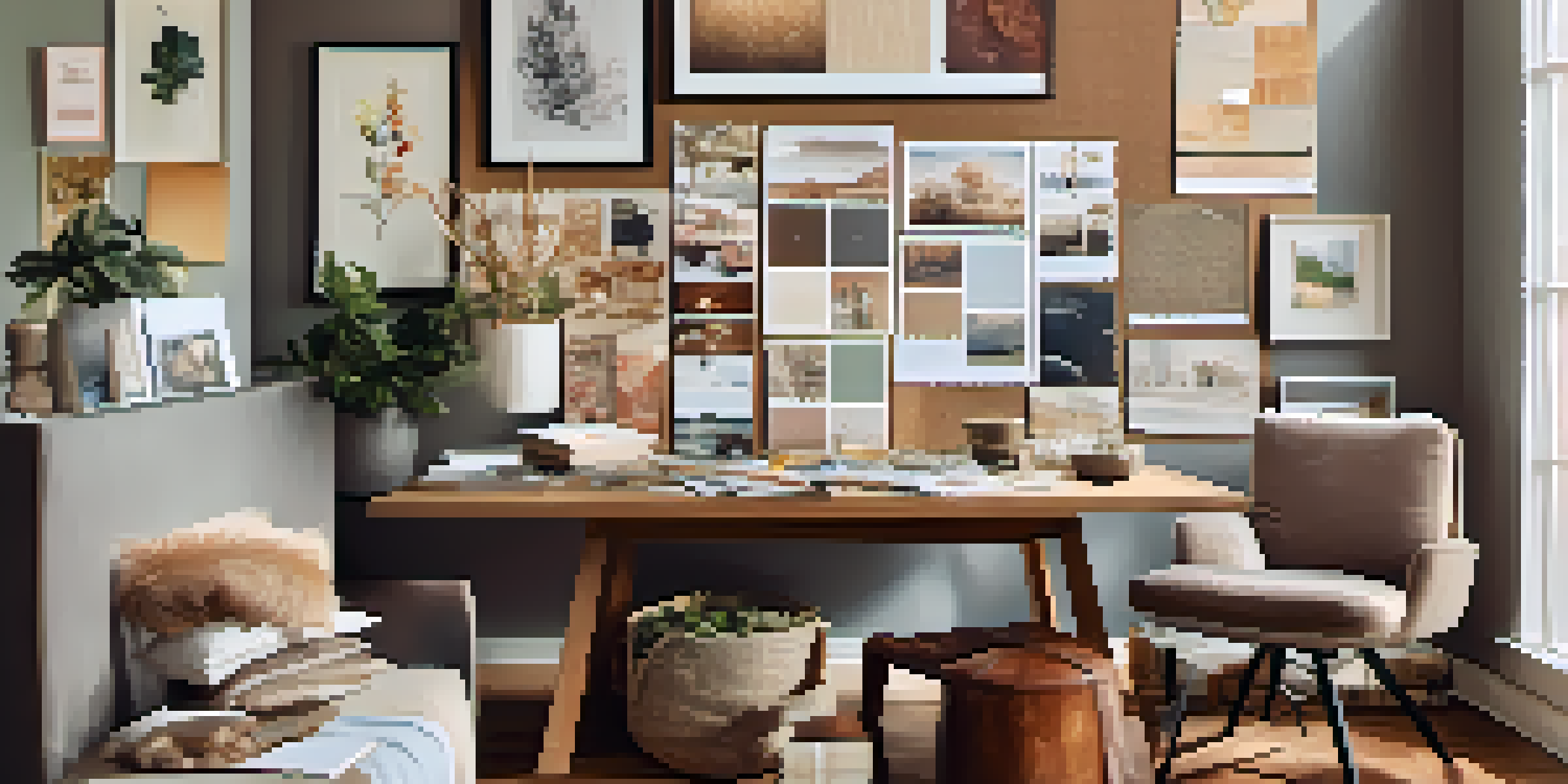 A vision board laid out on a wooden table, showcasing various home design inspirations with color swatches and fabric textures, illuminated by natural light.