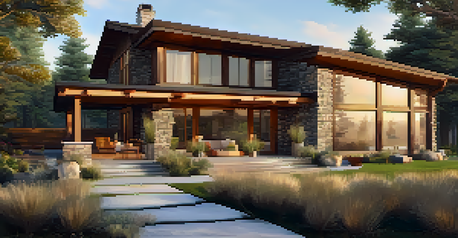 A modern house made of local stone and wood, surrounded by native plants and glowing in the sunset light.