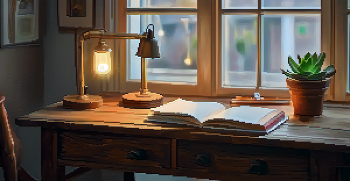 A warm and inviting workspace with a reclaimed wood table lamp, a wooden desk, stationery, and a potted succulent, with natural light coming through a window in the background.