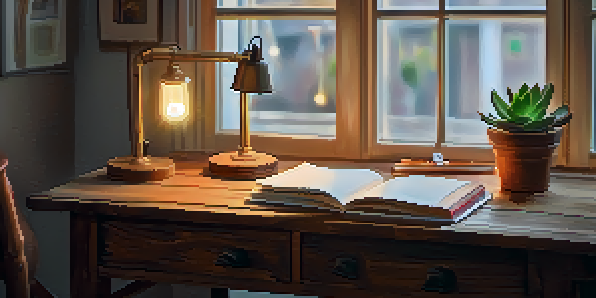 A warm and inviting workspace with a reclaimed wood table lamp, a wooden desk, stationery, and a potted succulent, with natural light coming through a window in the background.