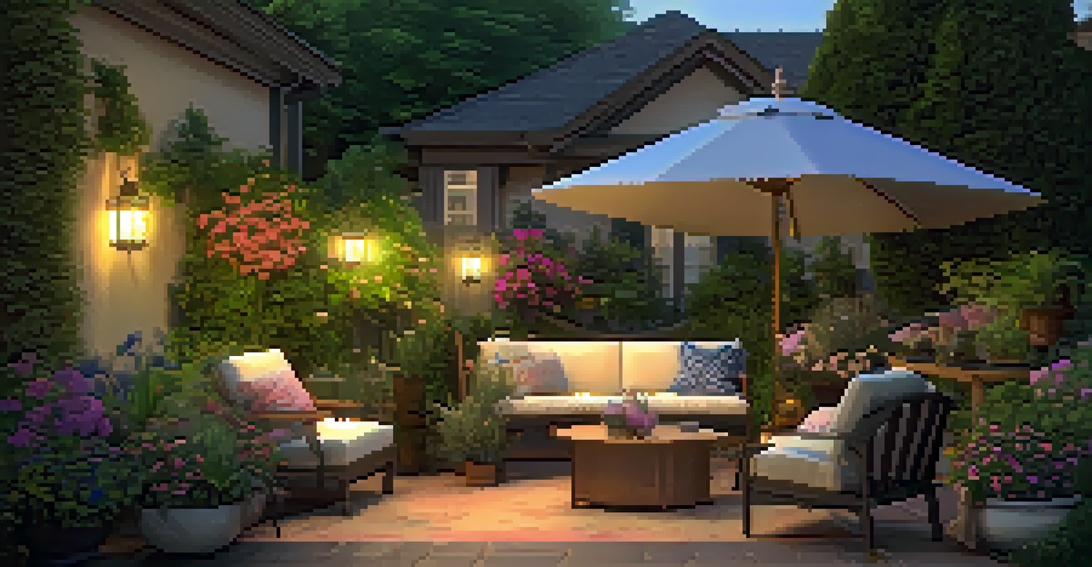 A charming garden corner with colorful flowers, a comfortable reading nook, and soft lanterns glowing in the twilight.