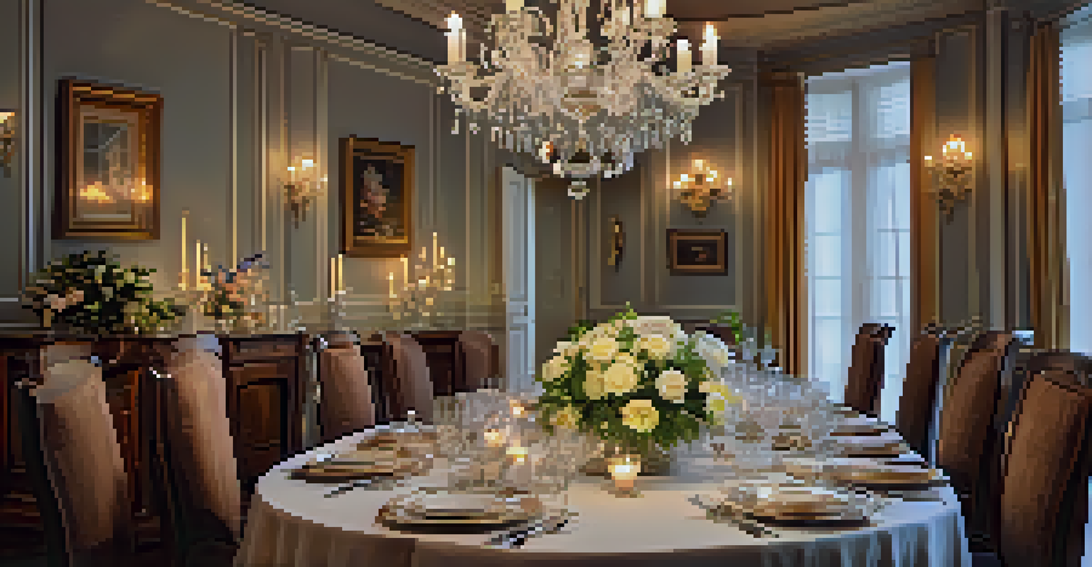 A formal dining room elegantly set for dinner with fine china, crystal glassware, candles, and a floral centerpiece.