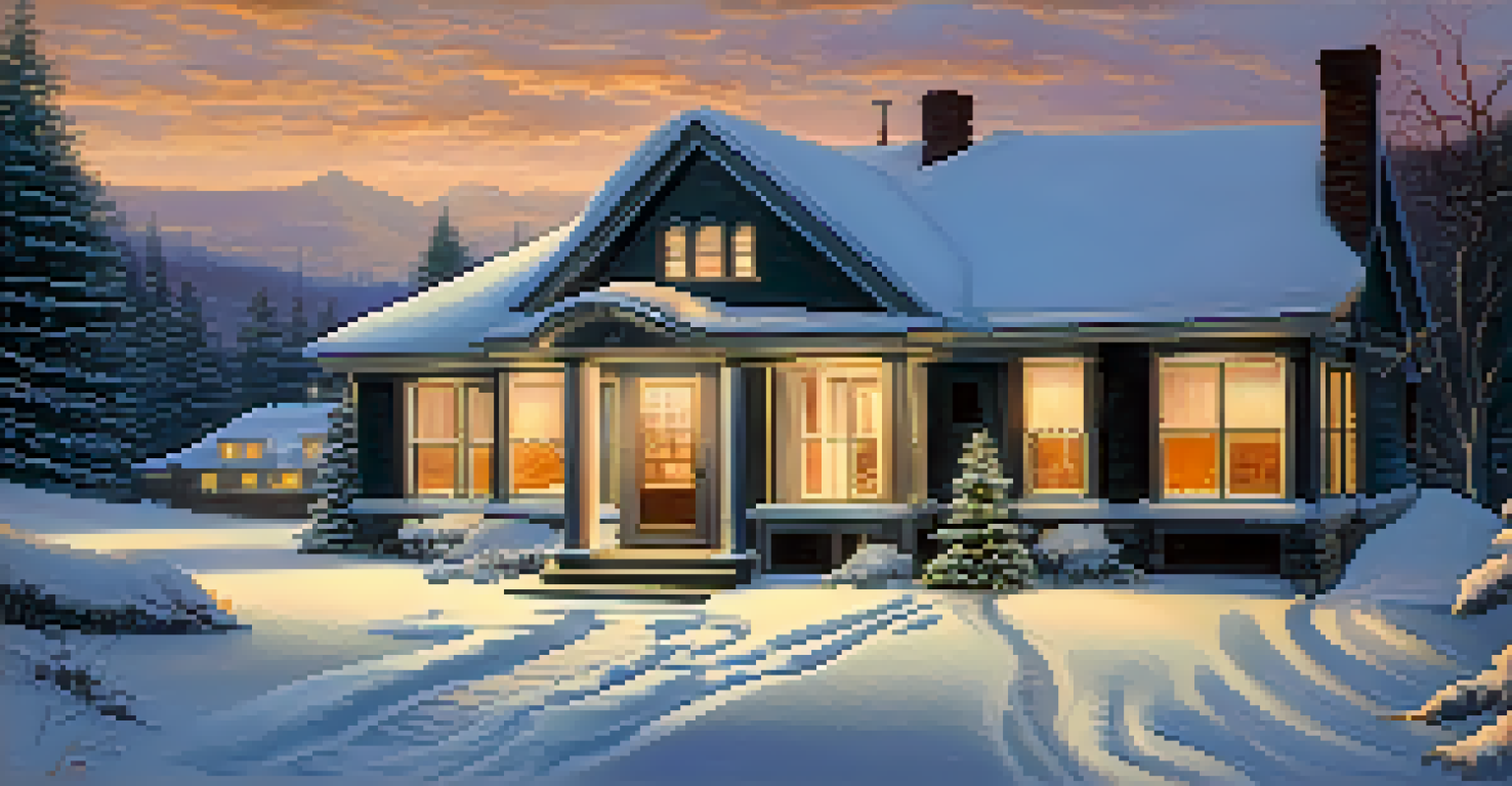 A house in a snowy landscape with warm lights glowing from the windows.