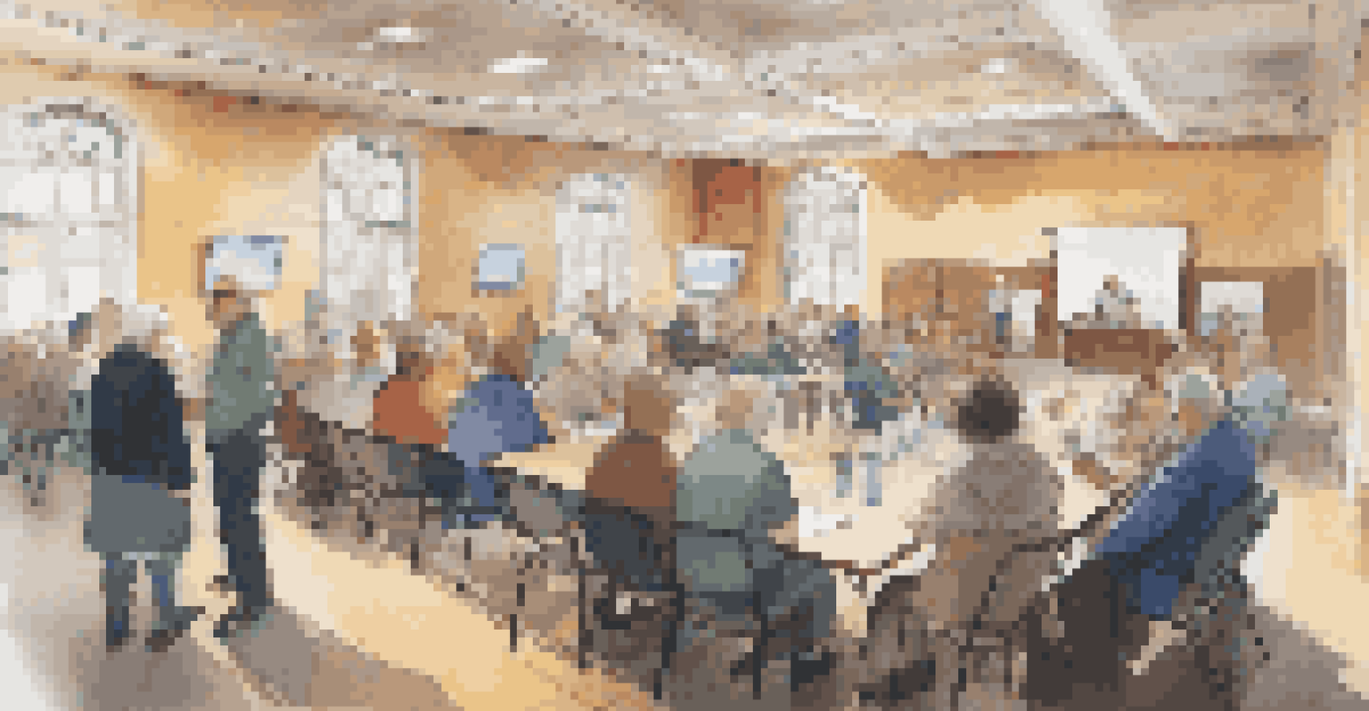 A community meeting with local officials and diverse residents discussing housing proposals in a bright town hall.