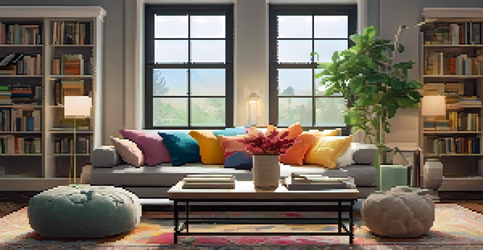 A warm and inviting living room with a clutter-free design, featuring a plush sofa, organized coffee table, and a potted plant.