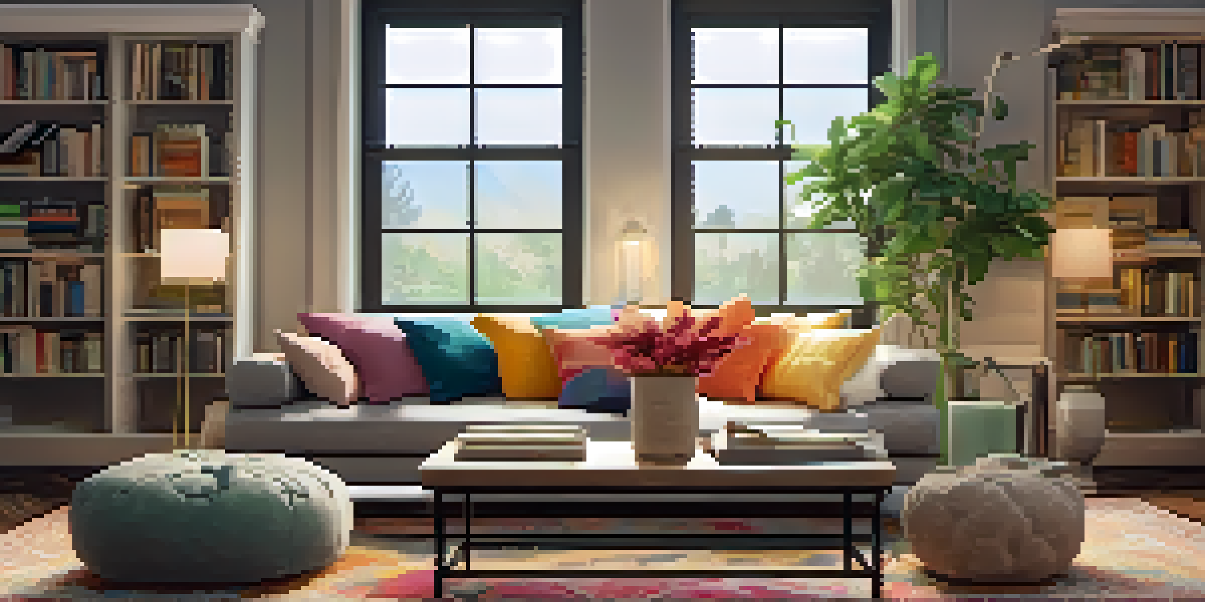A warm and inviting living room with a clutter-free design, featuring a plush sofa, organized coffee table, and a potted plant.